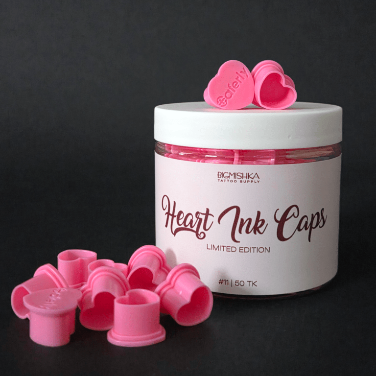 BigMishka Heart Ink Caps 50 tk plastist südamekujulised värvikapslid professionaalseks tatoveerimiseks ja hügieeniliseks värvi doseerimiseks