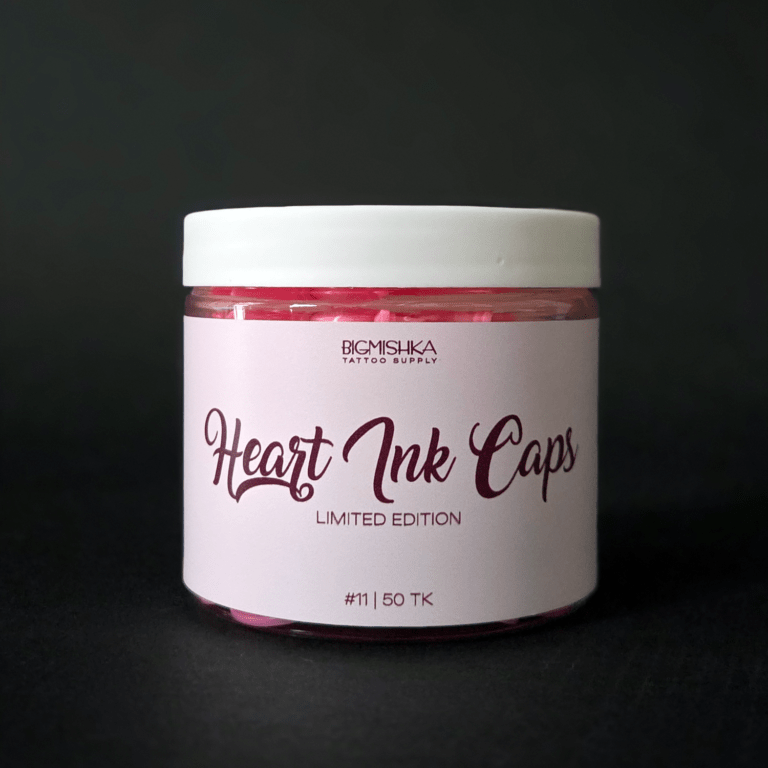 BigMishka Heart Ink Caps 50 tk plastist südamekujulised värvikapslid professionaalseks tatoveerimiseks ja hügieeniliseks värvi doseerimiseks